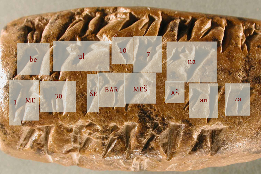 Hotspots outlining cuneiform signs on an Elamite tablet from the Persepolis Fortification Archive.