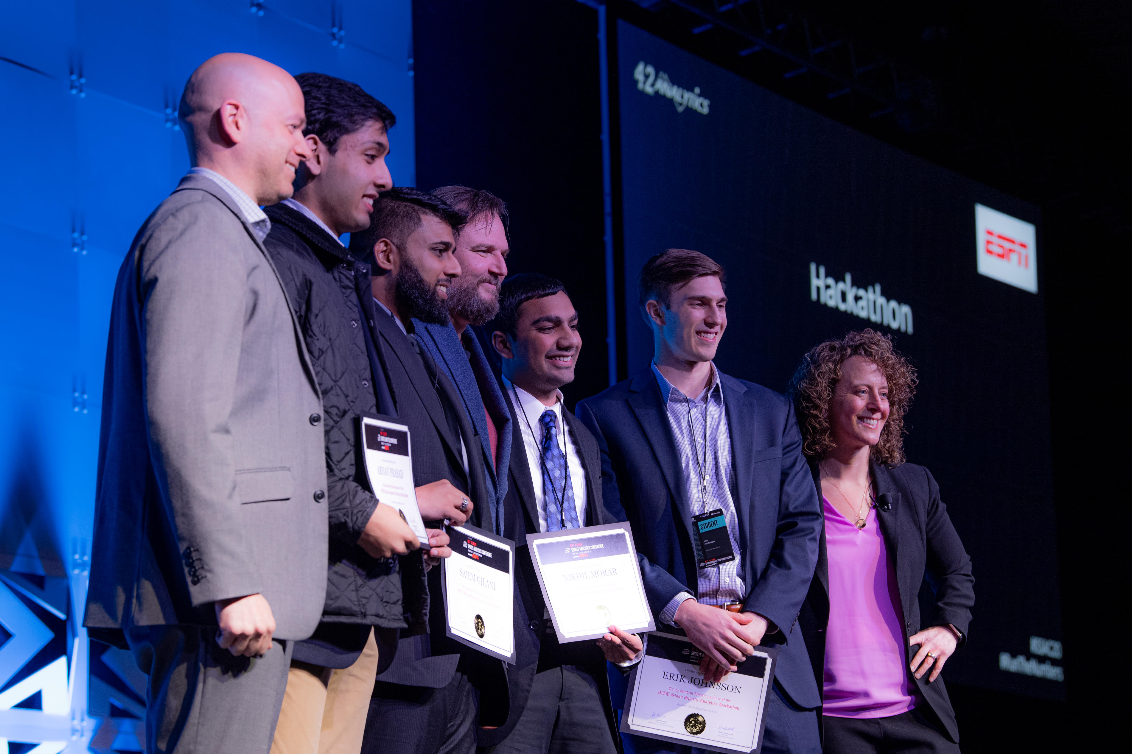 Undergraduate student Arnav Prasad (second from left) with his team at the MIT Sloan Sports Analytics Conference. 