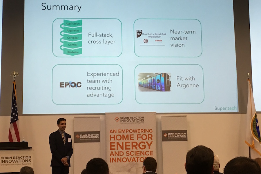 UChicago CS PhD student Pranav Gokhale pitches Super.tech at the finals of the Argonne Chain Reaction Innovations program.